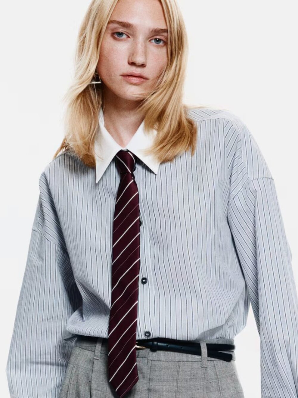 H&M OVERSIZED POPLIN SHIRT IN LIGHT GREY STRIPED SIZE M